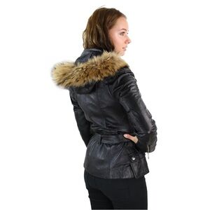 Wilsons Leather Women's Black Jacket with Faux Fur Hood. Size M